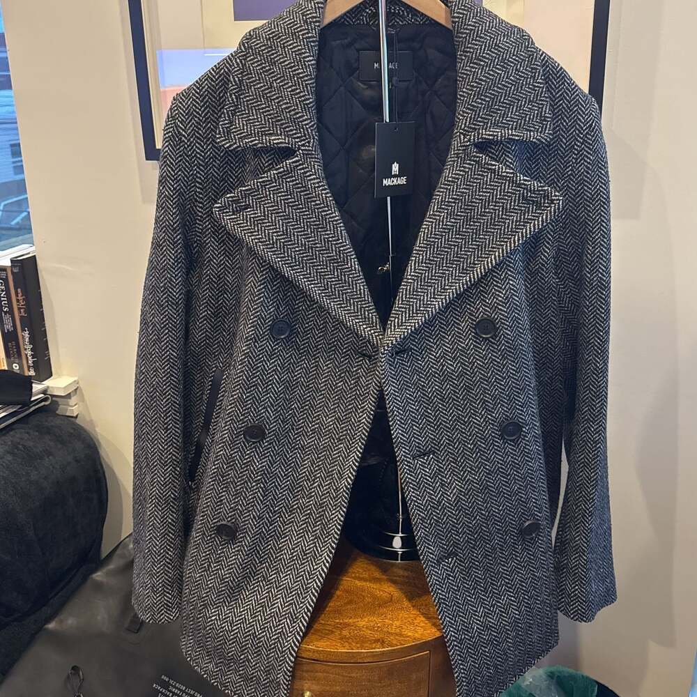 Mackage Cole Genuine Shearling Collar Wool Blend Peacoat In Black-white